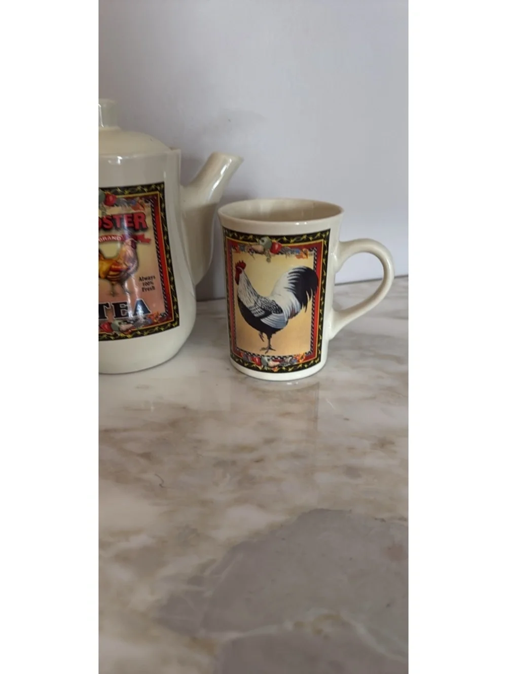 Vintage Rooster Brand Tea Set with Teapot and Two Mugs